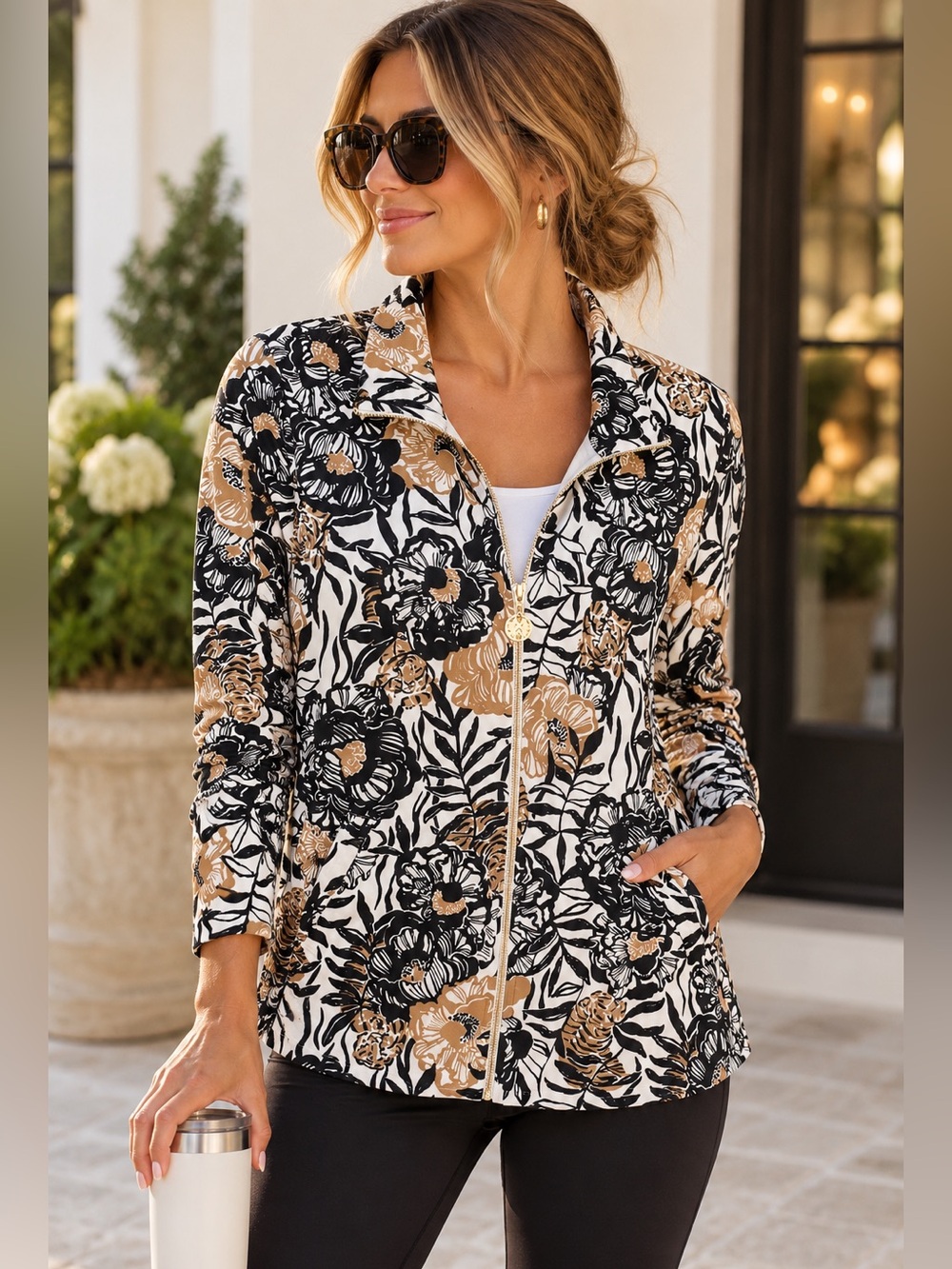 Lilly Pulitzer Upf 50+ Leona Zip-up Jacket In Black & Tan Floral Print Medium